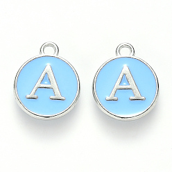 Letter A Брелоки из сплава с платиновым покрытием и эмалью, без кадмия и без свинца, эмалированные блестки, плоские круглые с буквы, голубой, letter.a, 14x12x2 мм, отверстие : 1.5 мм