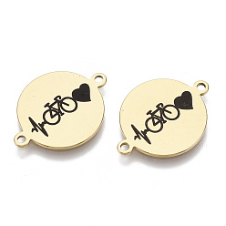 Золотой 201 соединительные звенья эмалированные нержавеющие, на день Святого Валентина, плоский круглый с сердцебиением, чёрные, золотые, 16x21x1 мм, отверстие : 1.4 мм