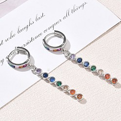 Platinum Brass Pave Cubic Zirconia Hoop Dangle Earrings, Round, Rack Plating, Long-Lasting Plated, Cadmium Free & Lead Free, Platinum, 51.5x4mm