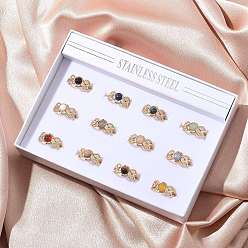 Смешанные камни Круглые кольца из смешанных натуральных камней, 304 из нержавеющей стали манжеты кольца, реальный 18 k позолоченный, ионное покрытие (ip), 3~9.5 мм, внутренний диаметр: регулируемый, 12 шт / комплект