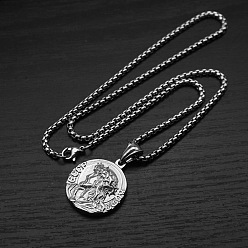 Stainless Steel Color Religion 304 Stainless Steel Embossed Jesus Round Medal Pendant Necklaces for Men, Stainless Steel Color, 23.62 inch(60cm)