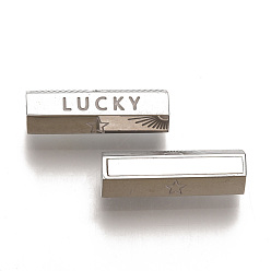 Stainless Steel Color 304 Stainless Steel Beads, with Shell, Hexagonal Prism with Word Lucky & Star Pattern, Stainless Steel Color, 19.5x6.5x6mm, Hole: 1.5mm