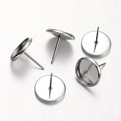 Stainless Steel Color Flat Round 304 Stainless Steel Stud Earring Settings, Stainless Steel Color, Tray: 10mm, 12mm, Pin: 0.7mm
