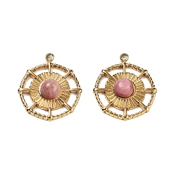 Родонит Ионное покрытие (ip) 304 подвески из нержавеющей стали, плоские круглые подвески из натурального родонита, реальный 18 k позолоченный, 19x16x4 мм, отверстие : 1.4 мм