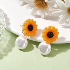 Orange Natural Pearl & Resin Sunflower Stud Earrings, with 304 Stainless Steel Pins, Orange, 29x16.5mm