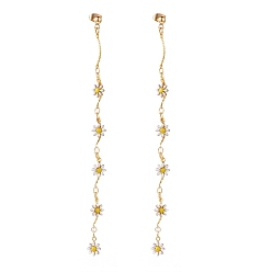 Real 18K Gold Plated Brass Enamel Chain Tassel Earrings, with 304 Stainless Steel Stud Earring Findings and Iron Ear Nuts, Flower, Yellow, Real 18K Gold Plated, 120mm, Pin: 0.6mm