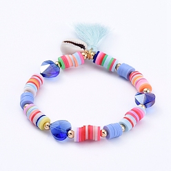 Light Blue Stretch Charm Bracelets, with Polymer Clay Heishi Beads, Cotton Thread Tassels, Cowrie Shell Beads, Heart Glass Beads and Brass Round Beads, Light Blue, 2-1/8 inch(5.4cm)