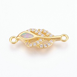 Бледно-Розовый Коннекторы, латунь, кубический цирконий, с синтетическим опалом, лист, золотые, розовый жемчуг, 22x8x2.5 мм, отверстие : 1.5 мм