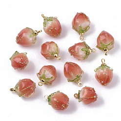 Coral Handmade Flower Epoxy Resin Pendants, with Brass Peg Bails and Glass Micro Beads, Bud, Golden, Coral, 14~15x9~10x9~10mm, Hole: 1.2mm