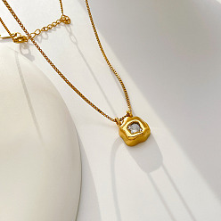 Square 304 Stainless Steel Pave Clear Cubic Zirconia Geometric Pendant Necklaces for Women, Golden, Square, 17.72 inch(45cm)