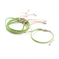 Green Unisex Adjustable Braided Bead Bracelets, with Stainless Steel Beads, Light Green, 1-3/4 inch~3 inch(4.4~7.8cm)