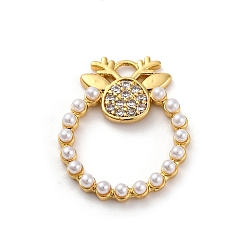 Настоящее золото 18K Покрытие стойки латунь микропаве прозрачные подвески из кубического циркония, с ABS имитации жемчуга, долговечный, без свинца и без кадмия, олень очарование, реальный 18 k позолоченный, 23x19x2.5 мм, отверстие : 3 мм