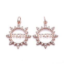Розовый Позолоченный Латунные микропаве прозрачные подвески с фианитом, с прыжковых колец, долговечный, день матери, солнце со словом мама, Настоящее розовое золото покрыто, 21x19x2 мм