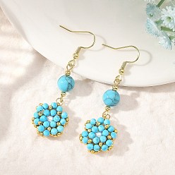 Blue Natural Magnesite & Synthetic Turquoise and Shell Pearl Braided Dangle Earrings, Flower, 304 Stainless Steel Dangle Earrings, Golden, Blue, 58x18mm