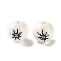Noir Perles de porcelaine à la main imprimés, ronde avec le soleil, noir, 11.5mm, Trou: 2mm
