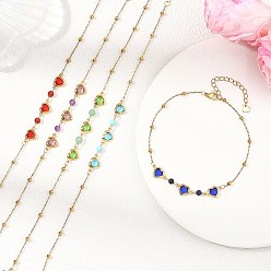 (52) Непрозрачная лаванда Круглые браслеты на лодыжку для женщин из натурального смешанного камня и нержавеющей стали в форме сердца., золотые, смешанные окрашенные и неокрашенные, разноцветные, 8-7/8 дюйм (225 мм)