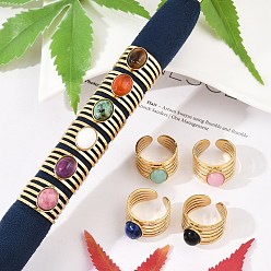 Смешанные камни 304 многослойные открытые манжеты из нержавеющей стали, овальное кольцо с натуральным драгоценным камнем для женщин, реальный 18 k позолоченный, ионное покрытие (ip), 13.5 мм, регулируемый