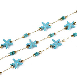 Темно-бирюзовый Ручная работа 316 цепочки из нержавеющей стали в форме морской звезды, с синтетической бирюзой, ракушками и бусинами из нержавеющей стали, пайки, с катушкой, реальный 18 k позолоченный, ионное покрытие (ip), темные бирюзовый, 10x9~9.5x4 мм, около 16.40 футов (5 м) / рулон