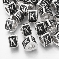 Letter K Metall Großlochperlen, Schmelz-Stil, Großloch perlen, Dreieck mit Buchstaben, Platin Farbe, Schwarz, letter.k, 9.5x9x6.5 mm, Bohrung: 5 mm