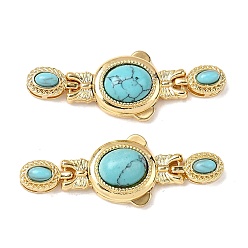 Настоящее золото 18K Застежки латунные коробки, с синтетическими бирюзовый, овальные, реальный 18 k позолоченный, 43x16x8.5~9 мм, отверстие : 4x1.5 мм