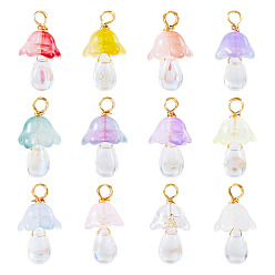 (52) Непрозрачная лаванда 12шт. подвески из золотистого стекла в форме гриба, обмотанные латунной проволокой, разноцветные, 20 мм, отверстие : 3 мм, 12 шт / комплект