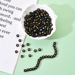 Golden Plated Black Opaque Acrylic Beads, Flat Round with Star, Golden Plated, 7x4mm, Hole: 1.5mm, about 200pcs/bag