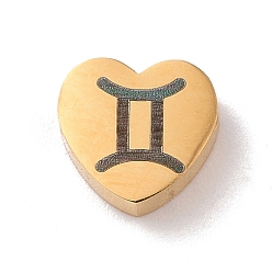 Близнецы 304 из нержавеющей стали бусы, сердце с рисунком созвездия, золотые, Близнецы, 7.5x8x3 мм, отверстие : 2 мм