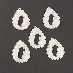 White Shell Natural White Shell Pendants, Teardrop with Flower Charms, 33x26x3mm, Hole: 0.8mm