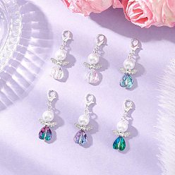 (52) Непрозрачная лаванда Подвеска в форме сердца ангела из стекла и стеклянного жемчуга, с цинковым сплавом застежками омаров коготь, разноцветные, 38 мм, Кулон : 25x14x8 мм