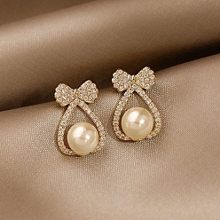 Bowknot Женские серьги из сплава со стразами, с бусинами из искусственного жемчуга и булавкой из стерлингового серебра 925, бантом, 24x10 мм