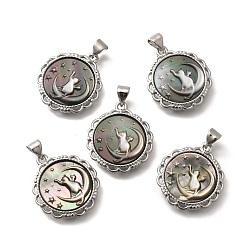 Платина Латунь с резными подвесками из натуральной ракушки, стойки покрытие, плоский круглый с луной и кошкой, платина, 22x19.5x3 мм, отверстие : 3x4 мм