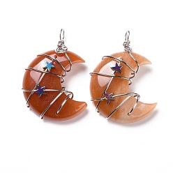 Красный Авантюрин Натуральный красный авантюрин подвески, с латунной проволокой платинового оттенка и бусинами в виде звезд из гематита, без кадмия и без свинца, луна, 45.5~47x32.5~33.5x11~12 мм, отверстие : 5 мм