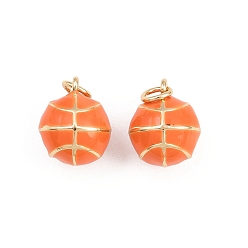 Оранжевый Латунь эмаль подвески, Баскетбол прелести, стойки покрытие, без кадмия и без свинца, долговечный, реальный 18 k позолоченный, с целью перехода в кольце, оранжевые, 13x11x10.5 мм, отверстие : 3 мм