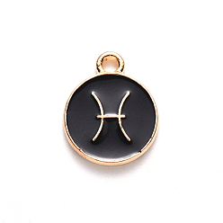 Pisces Alloy Enamel Pendants, Cadmium Free & Lead Free, Flat Round with Constellation, Light Gold, Black, Pisces, 22x18x2mm, Hole: 1.5mm