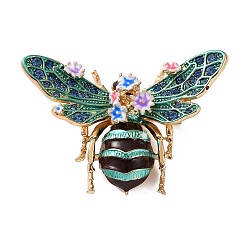 Green Bee with Flower Enamel Pins, Alloy Rhinestone Lapel Pins for Clothes, Golden, Green, 40x60mm