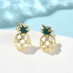 Ананас Серьги-гвоздики из латуни с микропаве из кубического циркония, с эмалью, долговечный, без кадмия и без свинца, реальный 18 k позолоченный, ананас, 12x7 мм