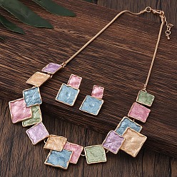 Разноцветный Комплекты квадратных ожерелий с подвесками из цинкового сплава и серег-гвоздиков, красочный, 420 мм