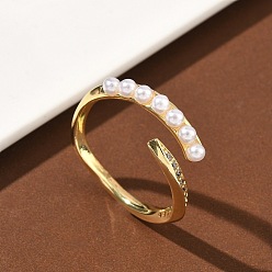 Настоящее золото 18K Открытые кольца манжеты из латуни с микропаве и кубическим цирконием, с жемчужинами из абс-пластика, без кадмия и без свинца, долговечный, стойки покрытие, реальный 18 k позолоченный, 8.5 мм, внутренний диаметр: 18 мм