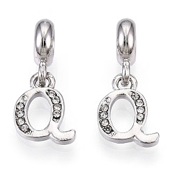 Letter Q Европейские подвески с подвесками из платинового сплава со стразами, Подвески с большими отверстиями, буквы, без кадмия и без свинца, letter.q, 23~27 мм, отверстие : 4.5 мм, подвески: 13~16.5x6~14x2 мм, отверстие : 2 мм