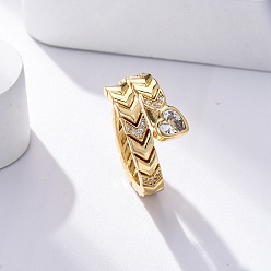 Сердце Открытые манжеты из латуни с микропаве и прозрачным цирконием для женщин, реальный 18 k позолоченный, сердце, внутренний диаметр: 18 мм