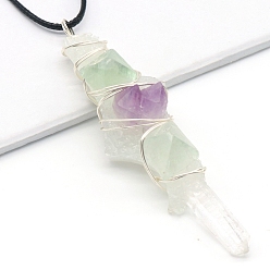 Смешанные камни Большие подвески из натурального флюорита и натурального аметиста, самородки платинового цвета в медной проволоке, 76 мм