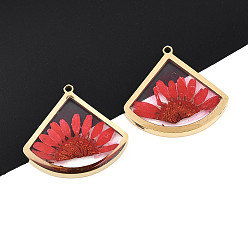 Красный 304 подвески из нержавеющей стали с эпоксидной смолой, веер с сухоцветом, ионное покрытие (ip), реальный 18 k позолоченный, красные, 25.5x27x4 мм, отверстие : 1.6 мм