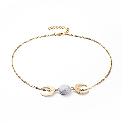 Howlite Pendant Necklaces, with Natural Howlite Beads, 304 Stainless Steel Cable Chains, Iron Curb Chains, Double Horn/Crescent Moon Brass Pendants & Lobster Claw Clasps, 14.57 inch(37cm), Pendant: 59x17.8x6mm