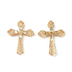 Real 18K Gold Plated Brass Micro Pave Clear Cubic Zirconia Pendants, with Glass, Cross Charm, Real 18K Gold Plated, 34.5x26x3.8mm, Hole: 1.6x5mm