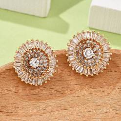 Золотой Плоские круглые серьги-гвоздики из латуни с микропаве из прозрачных кубических цирконий для женщин, без кадмия и без свинца, долговечный, стойки покрытие, золотые, 16.5 мм