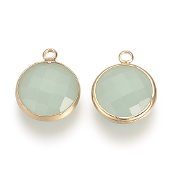 Honeydew Glass Pendants, with Brass Findings, Faceted, Flat Round, Honeydew, 9.5x6.5x2.5mm, Hole: 2mm