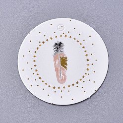 White Paper Gift Tags, Hange Tags, For Arts and Crafts, For Wedding/Valentine's Day/Thanksgiving, Flat Round with Feather Pattern, White, 40x0.4mm, Hole: 3mm