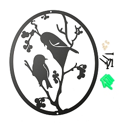 Black Iron Pendant Decorations, for Outdoor Garden Decoration, Oval with Bird, Black, 300x250x1.22mm, Hole: 4.5mm