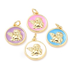 (52) Непрозрачная лаванда Настоящие 18 к позолоченные латунные подвески, с эмалью без кадмия и без свинца, долговечный, плоские круглые с Амура,, разноцветные, 15x13x2 мм, отверстие : 2.5 мм