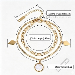 White 304 Stainless Steel Crystal & Acrylic Flat Round Rhombus Charm 2-strand Bracelets for Women, Golden, White, 6.69 inch(17cm)